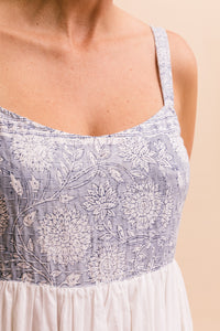 Francesca's flattering bodice has been created to flatter a small bust or large, with a subtle block print, kantha stitching and appliqué. The double layer of cotton is cool to wear and adds a beautiful balance to this unique silhouette. 