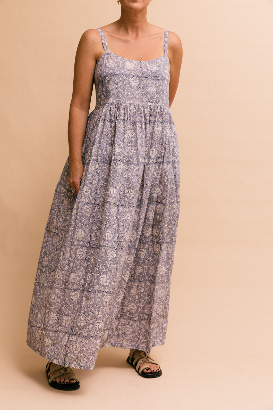 The empire style bodice has been created to flatter a small bust or large. In a blue block print, Francesca is an easy going, throw on and go frock to flatter all body shapes. 