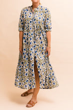 Load image into Gallery viewer, A block printed beauty - The Paloma in Bluebell. She has an empire waist, covered buttons, mandarin collar and a neckline to be worn open or buttoned all the way. Long line sleeves to be rolled up or down, whatever takes your fancy. She&#39;s very cool to wear when the temperature spikes and is an étté favourite.