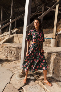 Created using the finest block printing techniques, the Georgia Dress in Flourish print offers an elegant silhouette with a belted waist, mid length tailored sleeves and collared neckline to be worn open or buttoned all the way. She's flirtatious and fun, and very cool to wear when the temperature spikes.